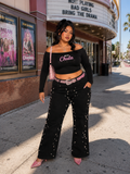 Pearl-fect Embellished Wide Leg Jeans